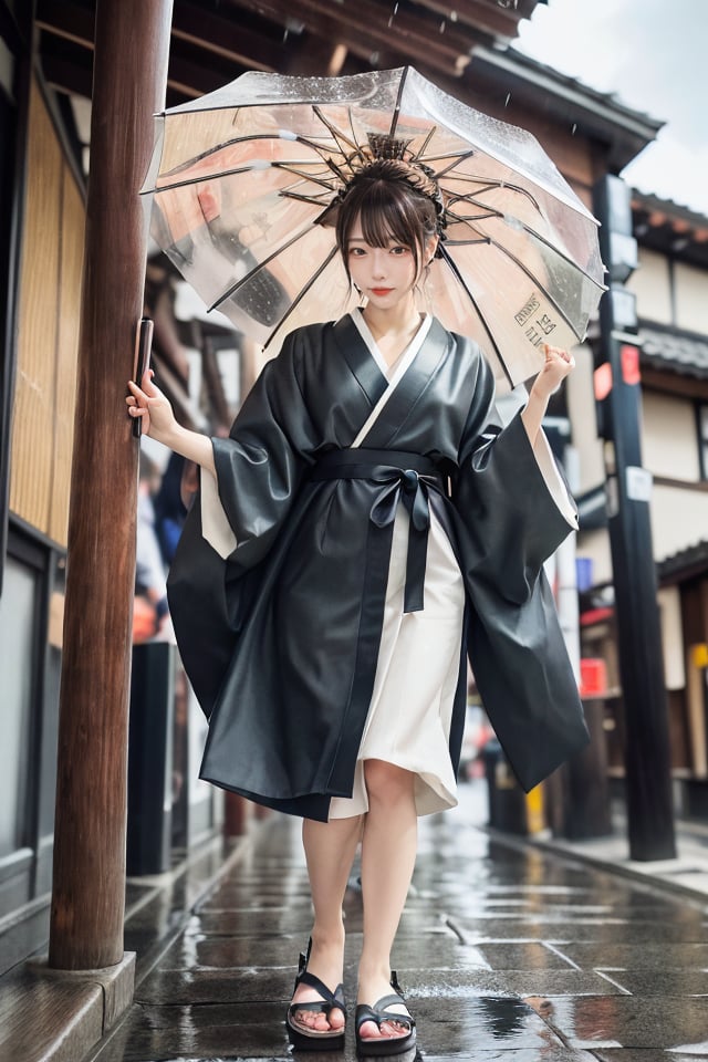 kimono, rain, oiled paper umbrella, mikas, 
A graceful woman in a vibrant kimono strolls along a rain-slicked cobblestone street in Kyoto. The soft pitter-patter of raindrops on her oiled paper umbrella creates a soothing melody as she navigates the historic Gion district. The vibrant colors of her kimono, adorned with intricate floral patterns, stand out against the muted tones of the traditional wooden machiya houses. Her geta sandals click rhythmically against the wet stones, while her hair, neatly styled in a traditional updo, remains perfectly in place beneath the shelter of the umbrella. The scene is a harmonious blend of tradition and elegance, capturing the timeless beauty of Kyoto in the rain.,mikas