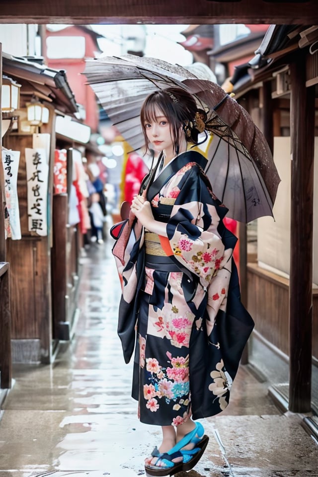kimono, rain, oiled paper umbrella, mikas, 
A graceful woman in a vibrant kimono strolls along a rain-slicked cobblestone street in Kyoto. The soft pitter-patter of raindrops on her oiled paper umbrella creates a soothing melody as she navigates the historic Gion district. The vibrant colors of her kimono, adorned with intricate floral patterns, stand out against the muted tones of the traditional wooden machiya houses. Her geta sandals click rhythmically against the wet stones, while her hair, neatly styled in a traditional updo, remains perfectly in place beneath the shelter of the umbrella. The scene is a harmonious blend of tradition and elegance, capturing the timeless beauty of Kyoto in the rain.,mikas,hand holding umbrella