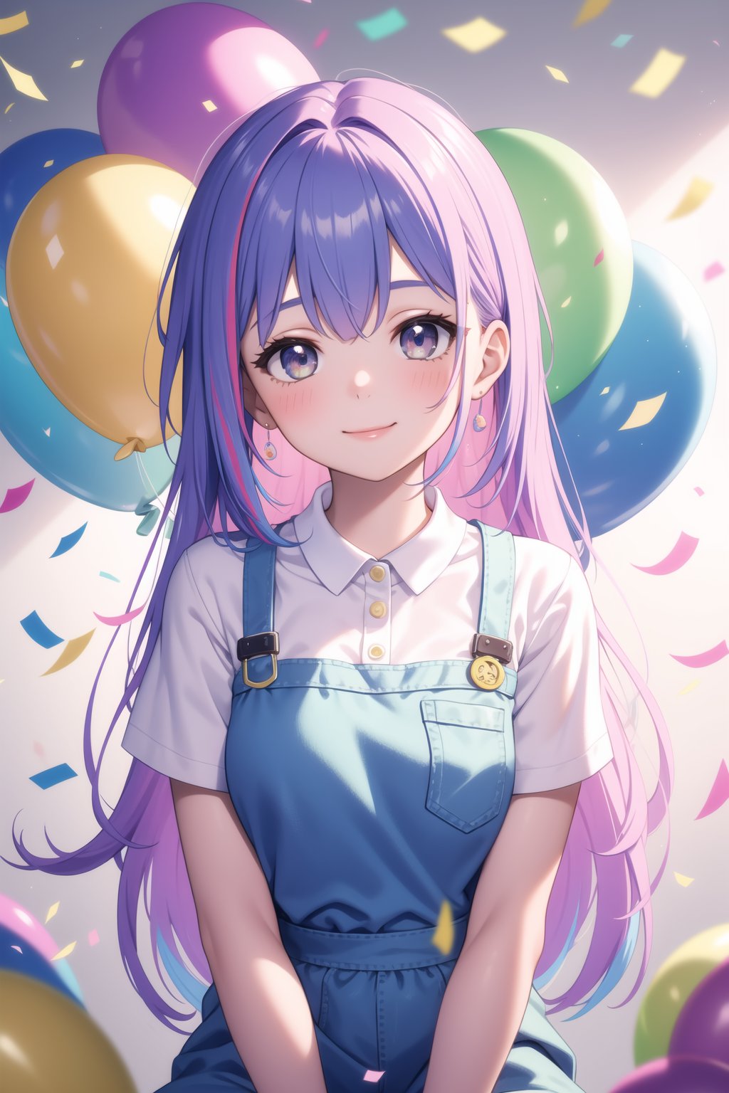 masterpiece, best quality, incredibly absurdres, 1girl, multiple colorful balloon, sitting, happy, closed mouth, painter artist outfit, very long hair, multi colored hair, confetti, upper body, bangs, hand behind back