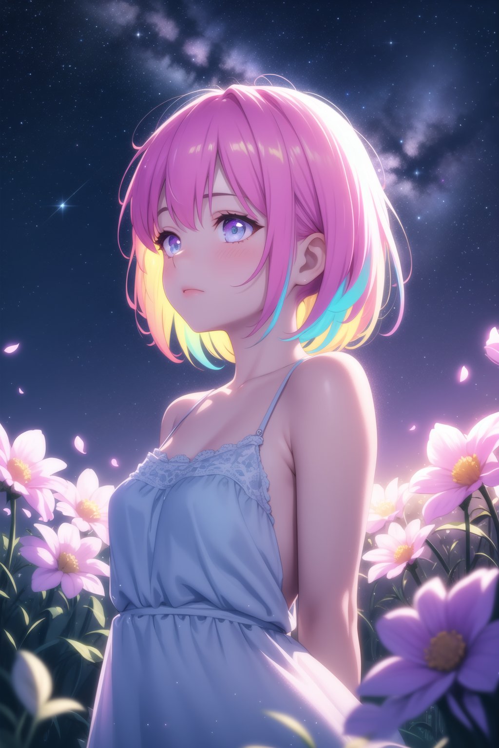 masterpiece, best quality, (glowing effect), starry sky, glowing nebula sky, colorful, neon light, fantasy, 1girl, glowing petals, upper body, meadow, arms behind back