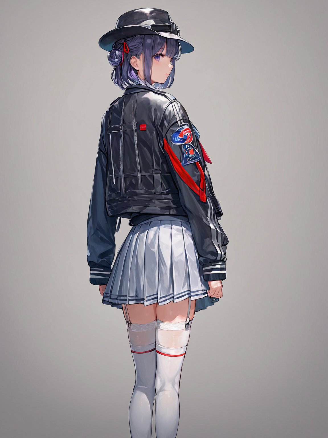 score_9,score_8_up,score_7_up,score_6_up, masterpiece, best quality, detailmaster2, 8k, 8k UHD, ultra detailed, ultra-high resolution, ultra-high definition, highres
,//Character, 1girl, solo
,//Fashion, 
,//Background, white_background
,//Others, ,Expressiveh
,SakayanagiArisu, medium_hair, shiny_hair, purple_eyes,
school_uniform, red_jacket, bowtie, hair_ribbon, black_hat, white_shirt, pleated_skirt, white_skirt, white_thighhighs, garter_straps, from_behind