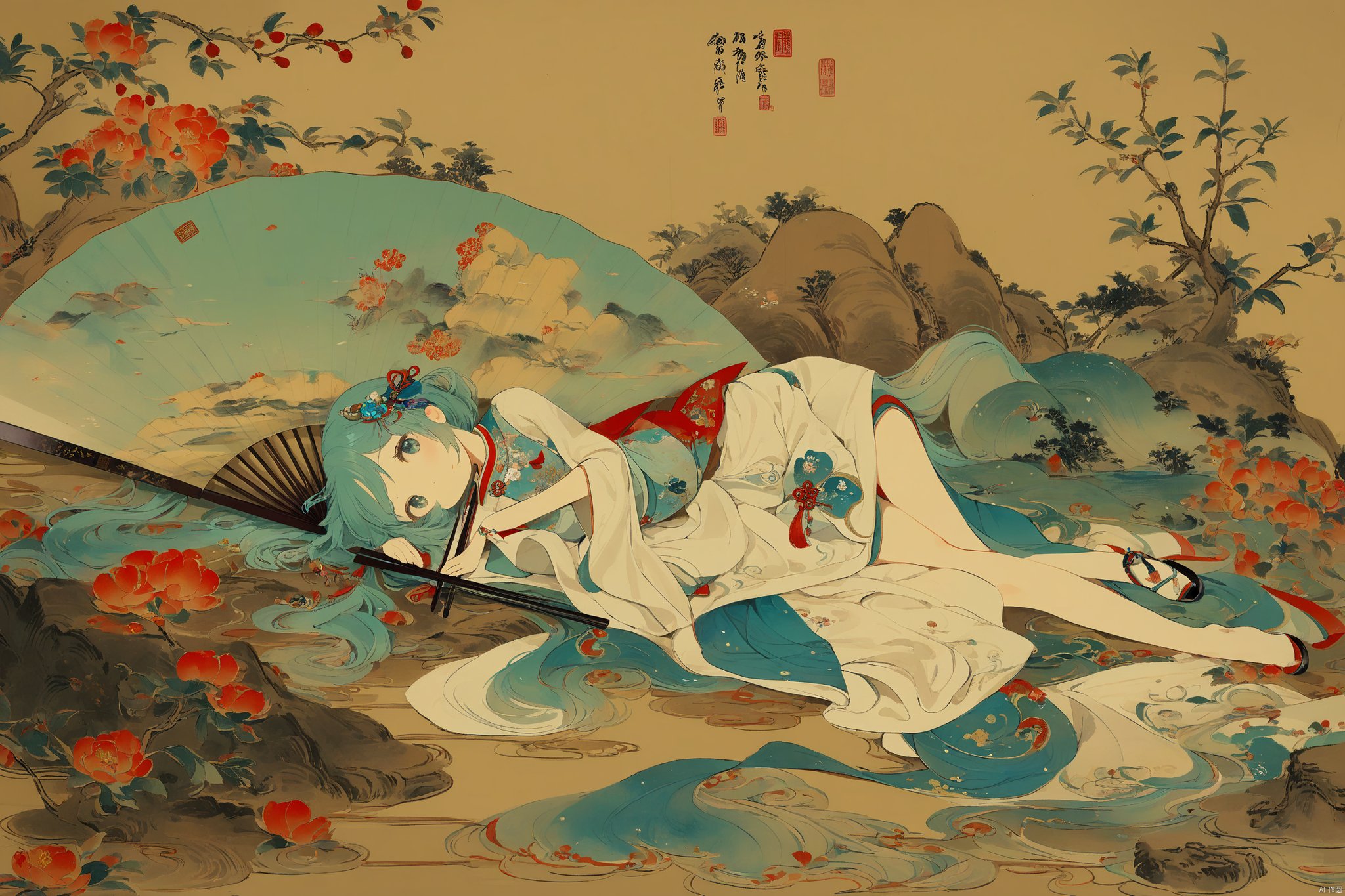 1girl,solo,aqua hair,cute,in the painting on the folding fan,lying,full body,Folding fan,Chinese painting,best quality,extremely detailed,masterpiece,very aesthetic,