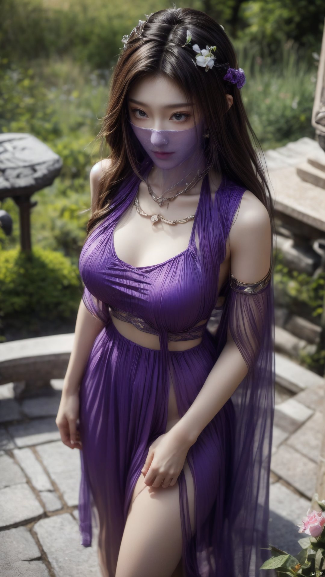  purple element,looking from above,above the knee,appear on camera,face veil,white_flower,X-ziling,,(big breasts),lotus,