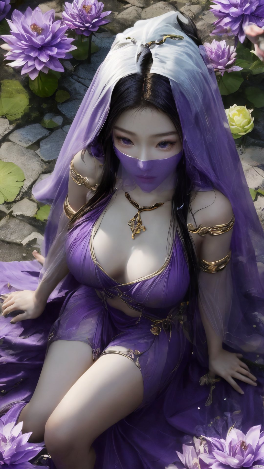  purple element,looking from above,above the knee,appear on camera,face veil,white_flower,X-ziling,,(big breasts),lotus,