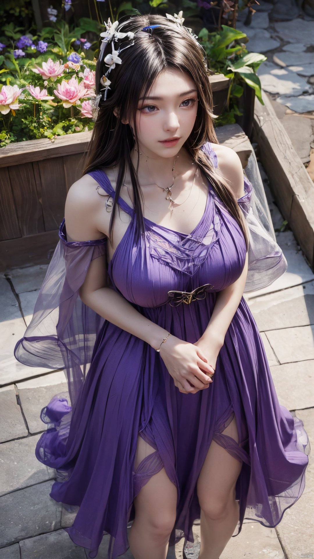  purple element,looking from above,above the knee,appear on camera,face veil,white_flower,X-ziling,,(big breasts),lotus,