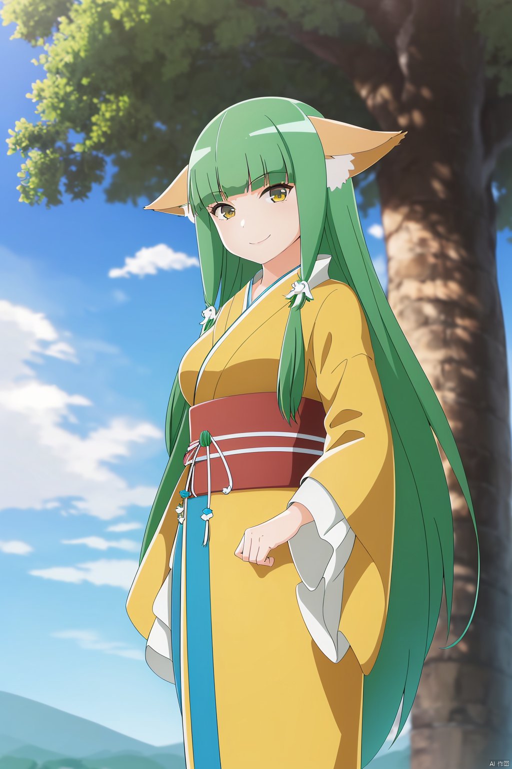 1girl, solo, long hair, looking at viewer, smile, dress, animal ears, very long hair, tail, braid, outdoors, japanese clothes, green hair, sky, day, cloud, kimono, tree, sash, fox ears, fox tail, absurdly long hair, breasts,,TSRR,tsrr, ((poakl))