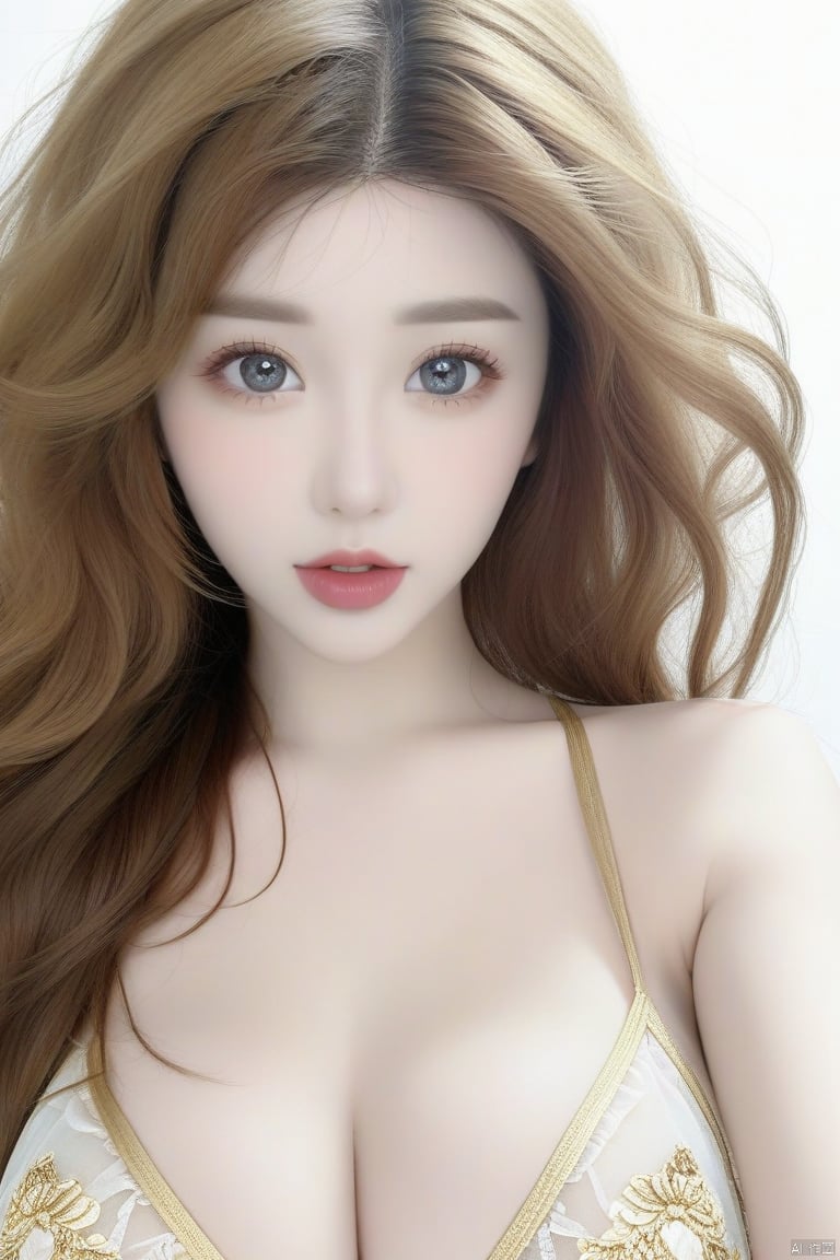 curlies,The eyes are delicate,Delicate hair color,perfect body figure,（shiny skins：1.2）（（Gold sheer lace one-piece swimsuit））,Colossal tits,overmany,big and droopy,big titietra big tits, （（（tmasterpiece）））, （（Best quality））, （（intricately details））, （（hyper realisitc））,Anime, seductive eyes