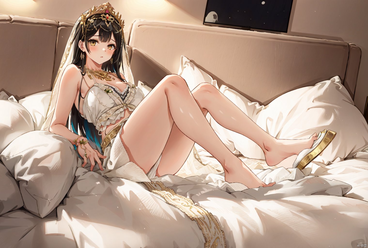  1girl, lying,indoors,black-hair,long_hair,vivid,colorful, full body,bare legs,bride