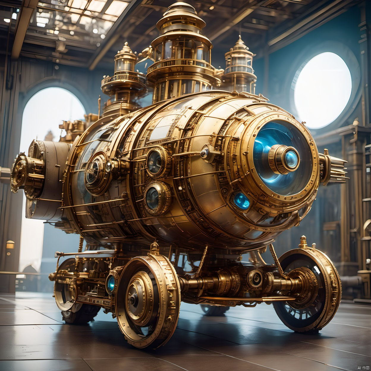 The best quality, masterpiece, steampunk, steampunk world, steampunk spacecraft, complex structure, super details, metallic texture, high reflection, ultra wide angle lens,