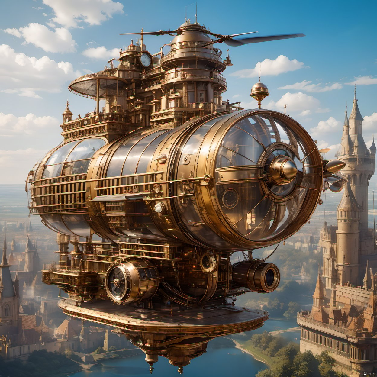 The best quality, masterpiece, steampunk, steampunk world, steampunk helicopter, floating castle in the air, steampunk architectural background, complex structure, super details, metallic texture, high reflection, ultra wide angle lens,