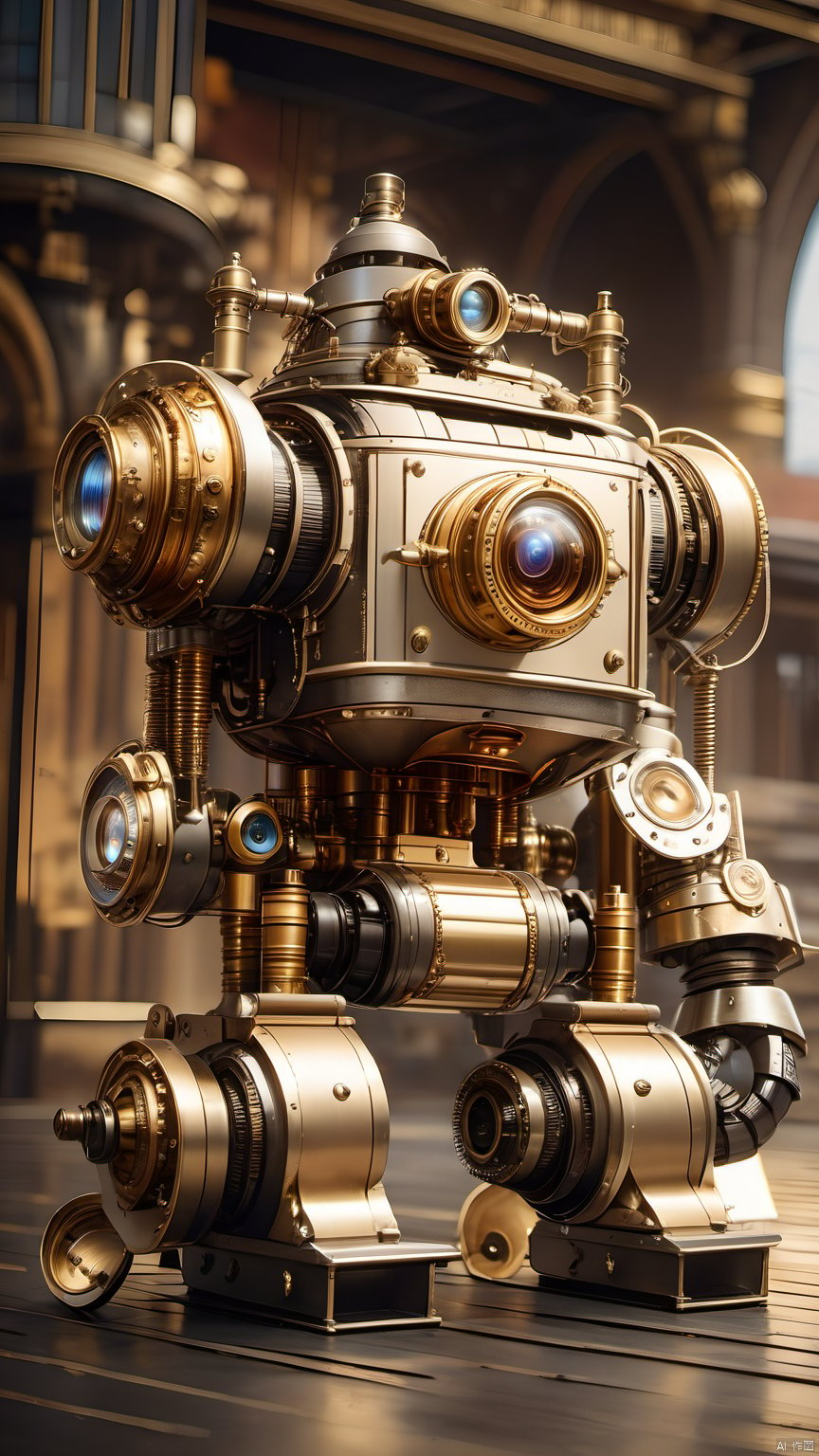 Best quality, masterpiece, steampunk, steampunk world, a steampunk robot, steampunk architectural background, complex structure, super detail, metallic texture, high reflection, super wide-angle lens,