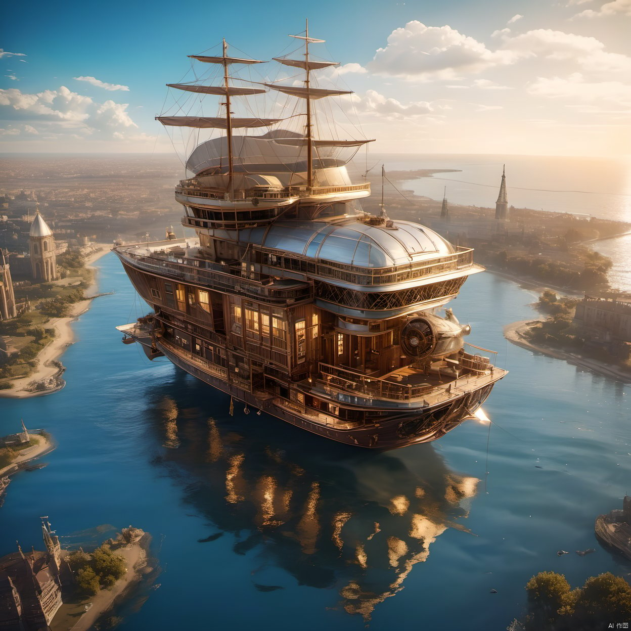 The best quality, masterpiece, steampunk, steampunk world, steampunk sailboat, (floating sailboat in the air:1.5), complex structure, super details, metallic texture, high reflection, ultra wide angle lens,