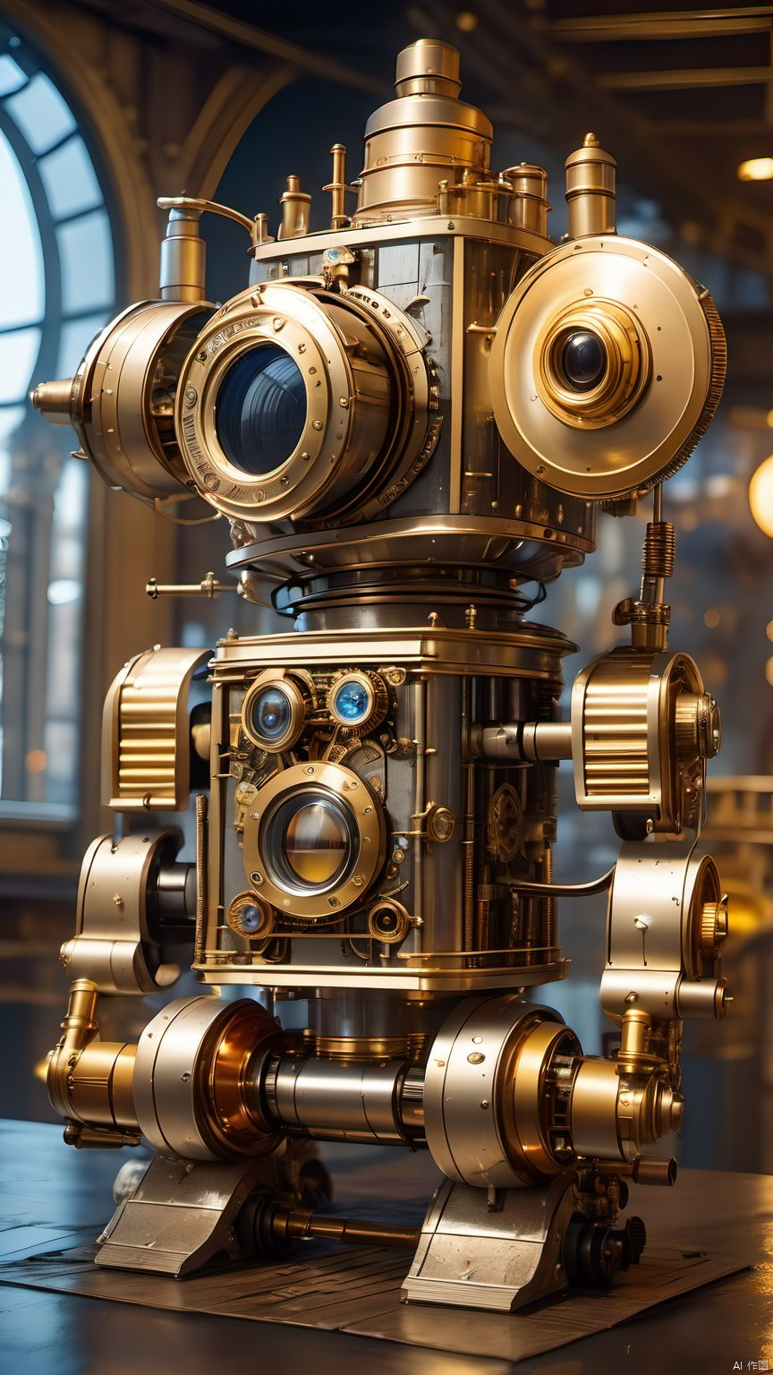 Best quality, masterpiece, steampunk, steampunk world, a steampunk robot, steampunk architectural background, complex structure, super detail, metallic texture, high reflection, super wide-angle lens,