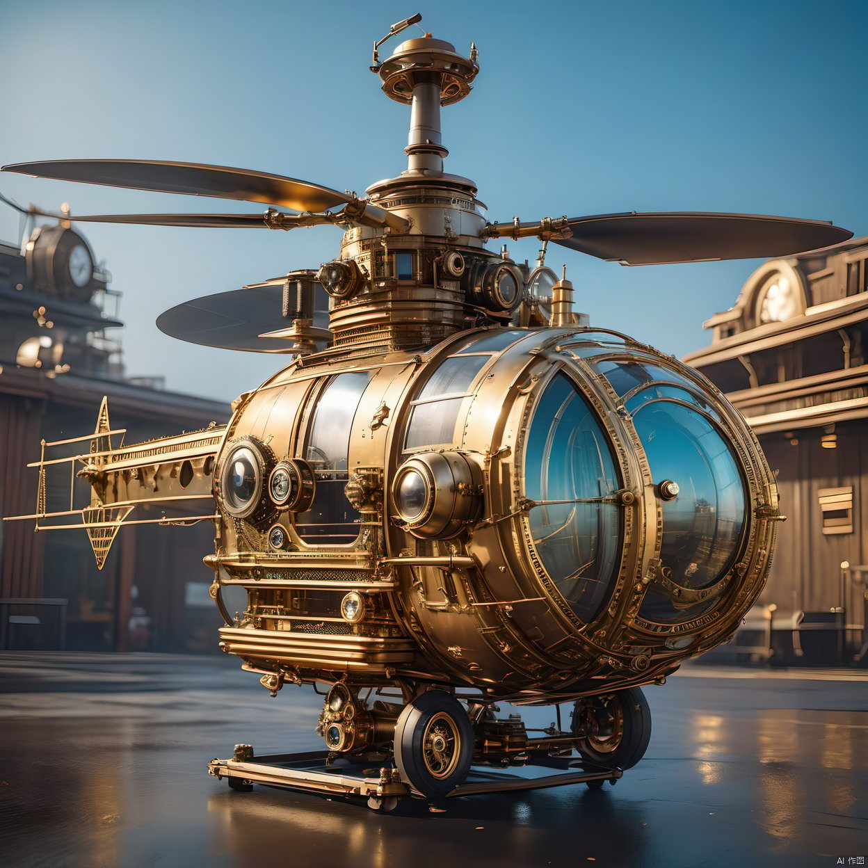 The best quality, masterpiece, steampunk, steampunk world, steampunk helicopter, complex structure, super details, metallic texture, high reflection, ultra wide angle lens,