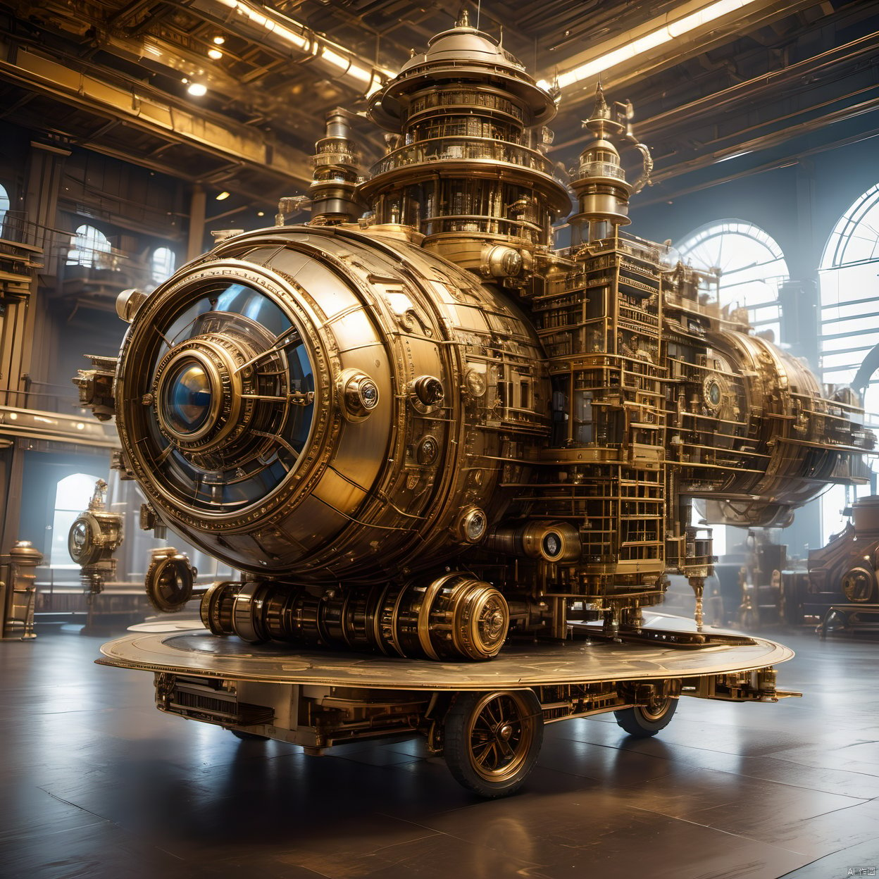 The best quality, masterpiece, steampunk, steampunk world, steampunk spacecraft, complex structure, super details, metallic texture, high reflection, ultra wide angle lens,