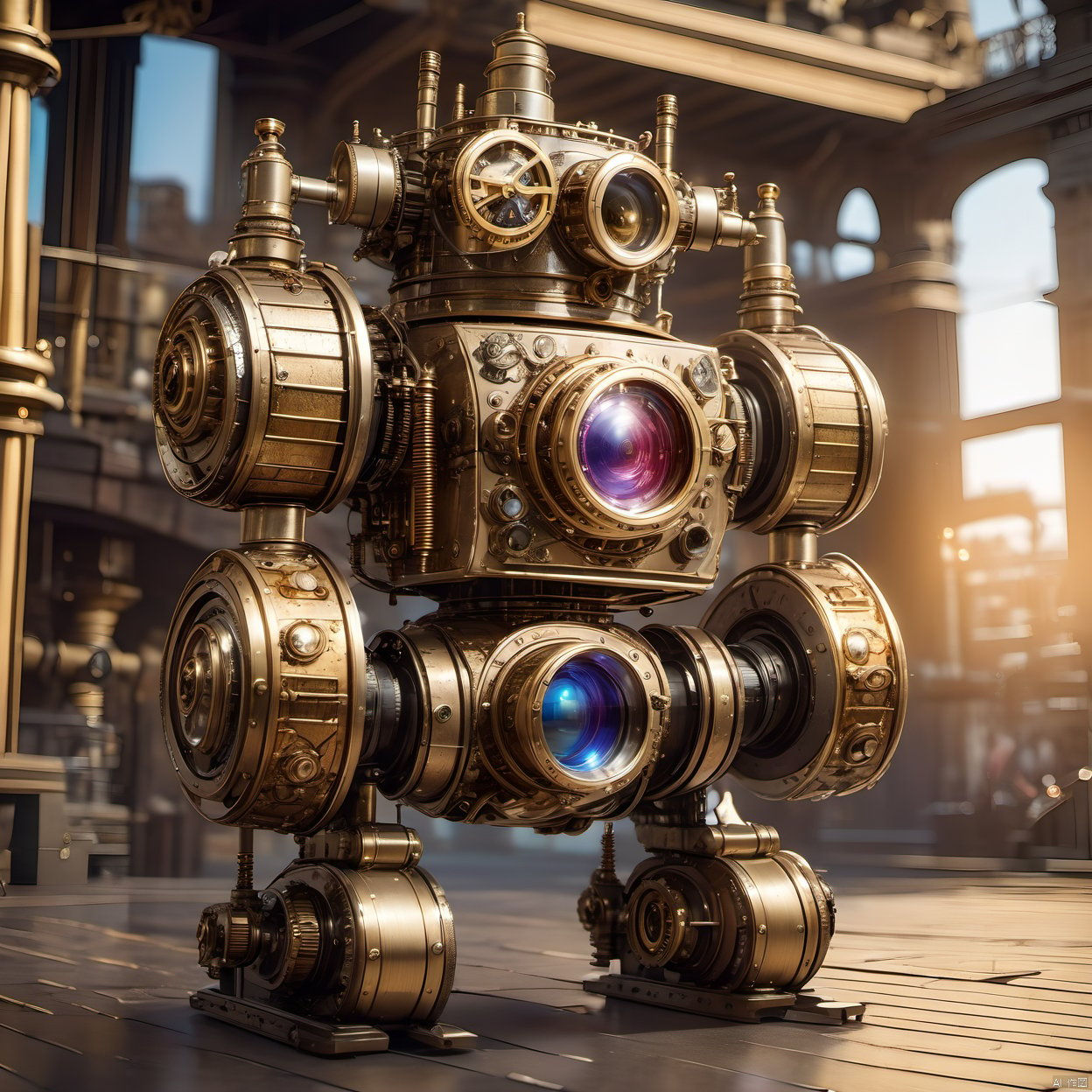 Best quality, masterpiece, steampunk, steampunk world, a steampunk robot, steampunk architectural background, complex structure, super detail, metallic texture, high reflection, super wide-angle lens,