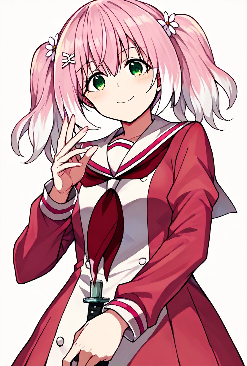 score_9, score_8_up, source_anime BREAK
hiiragi nana, 1girl, solo, pink hair, white hair, pigtails, flower hairpins, green eyes, school uniform, pink sailor uniform BREAK
smile, blush, standing, holding knife, looking at viewer, from below, white background