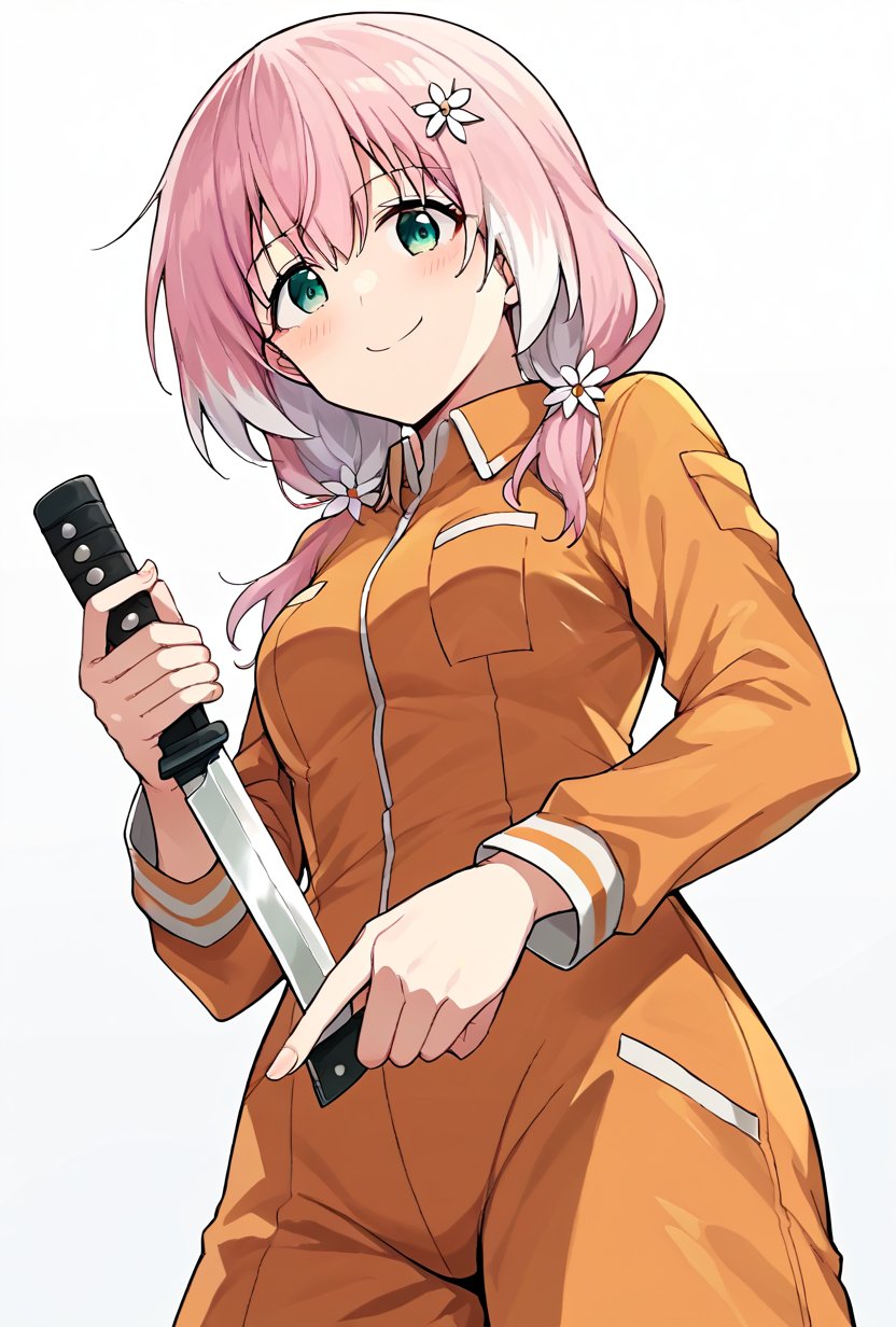 score_9, score_8_up, source_anime BREAK
hiiragi nana, 1girl, solo, pink hair, white hair, low pigtails, flower hairpins, orange jumpsuit, prison jumpsuit BREAK
smile, blush, standing, holding knife, looking at viewer, from below, white background