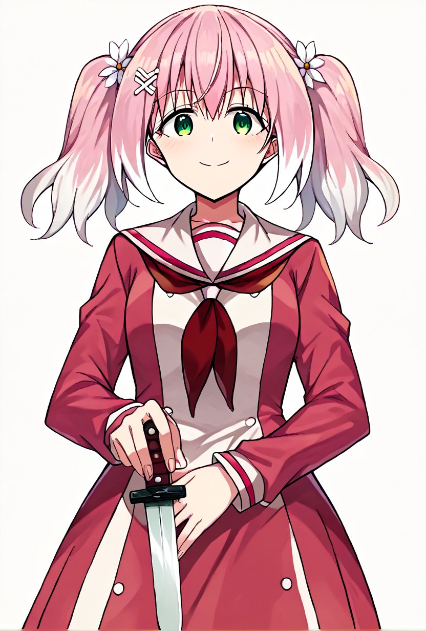 score_9, score_8_up, source_anime BREAK
hiiragi nana, 1girl, solo, pink hair, white hair, pigtails, flower hairpins, green eyes, school uniform, pink sailor uniform BREAK
smile, blush, standing, holding knife, looking at viewer, from below, white background