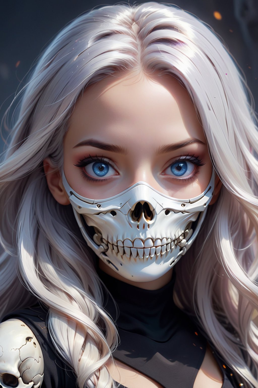 1girl, solo, long hair, looking at viewer, blue eyes, upper body, white hair, multicolored hair, two-tone hair, grey eyes, mask, portrait,Skull mask,more detail XL,disney pixar style,score_9