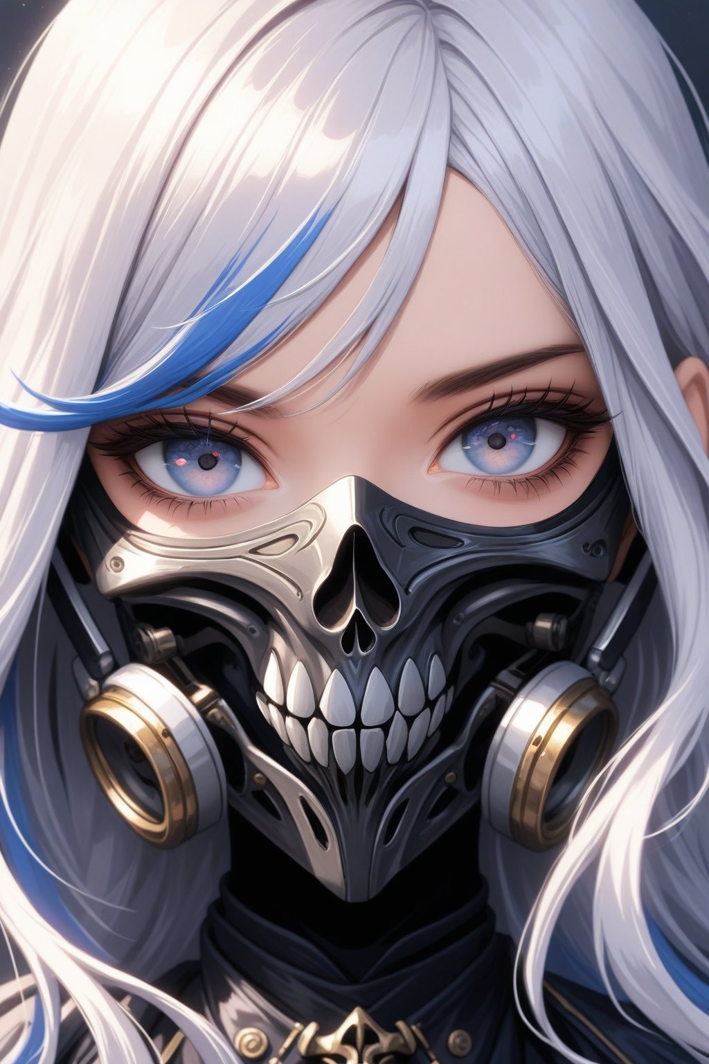 1girl, solo, long hair, looking at viewer, blue eyes, upper body, white hair, multicolored hair, two-tone hair, grey eyes, mask, portrait,Skull mask,more detail XL