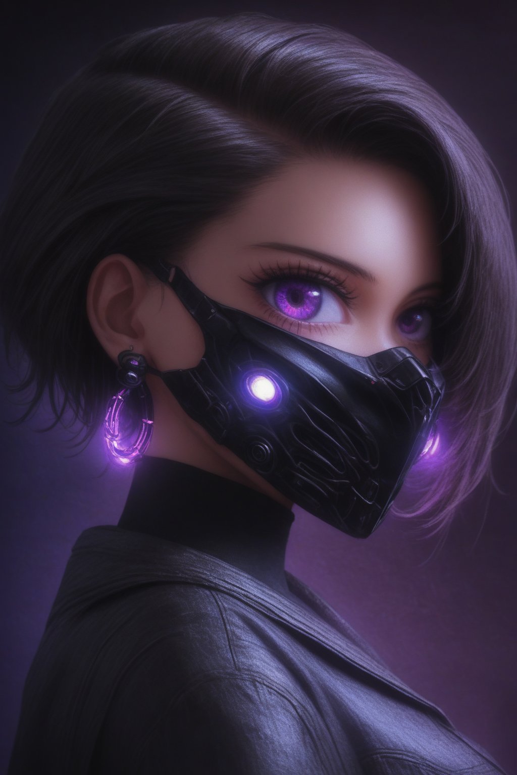 1girl, solo, looking at viewer, short hair, black hair, jewelry, purple eyes, earrings, from side, mask, glowing, portrait, mouth mask, hair slicked back, cyberpunk,Skull mask,more detail XL,disney pixar style,score_9,Face