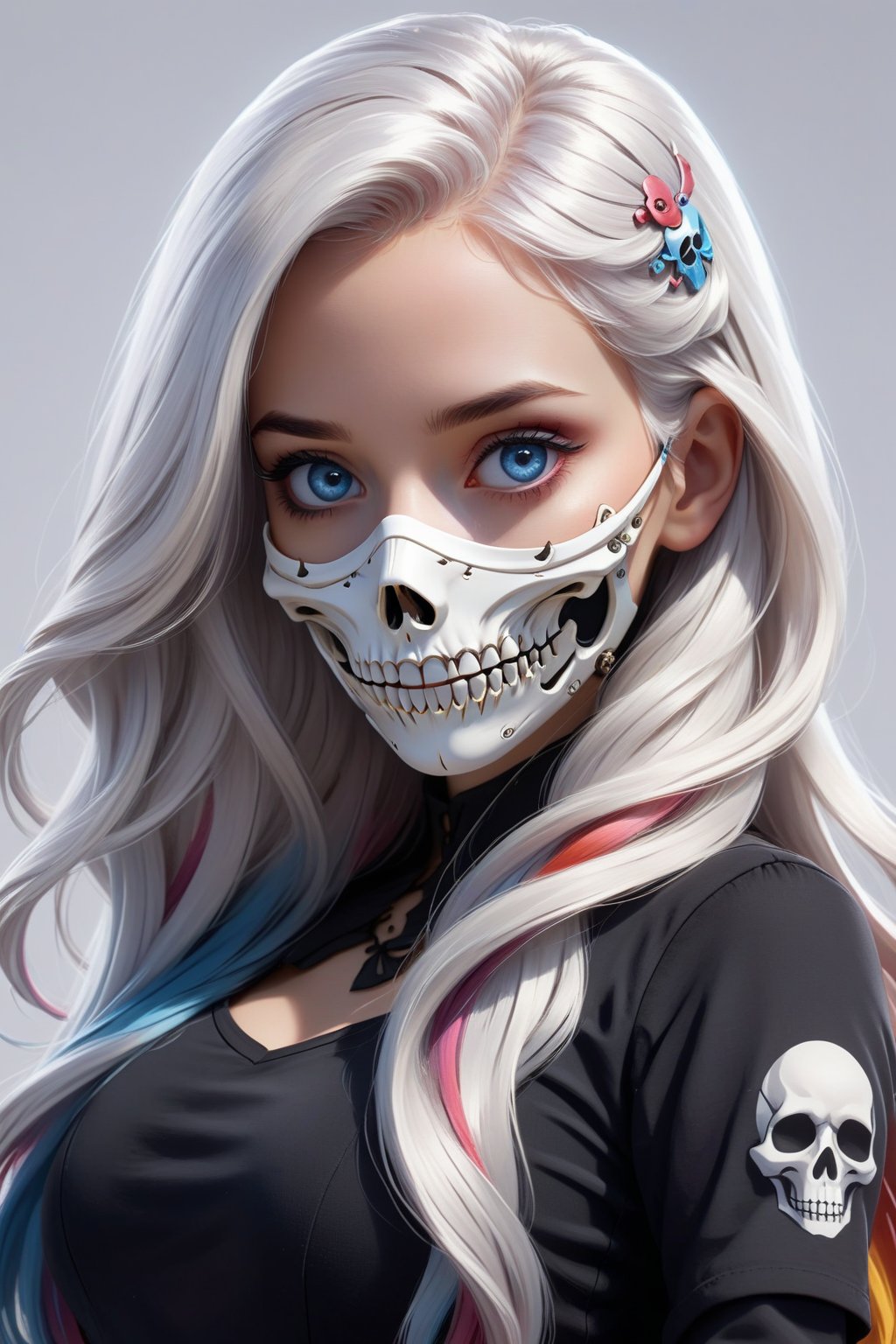 1girl, solo, long hair, looking at viewer, blue eyes, upper body, white hair, multicolored hair, two-tone hair, grey eyes, mask, portrait,Skull mask,more detail XL,disney pixar style