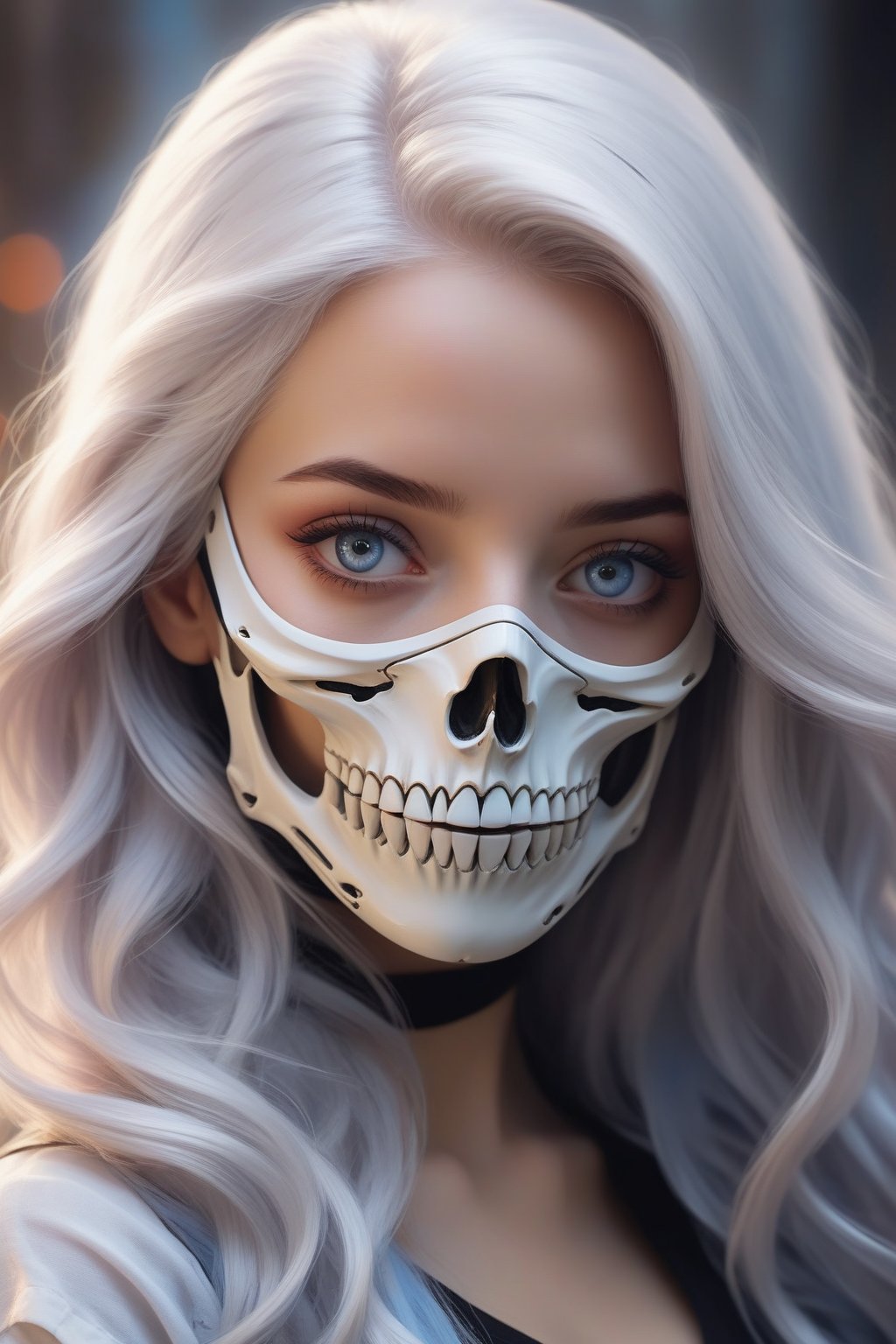 1girl, solo, long hair, looking at viewer, blue eyes, upper body, white hair, multicolored hair, two-tone hair, grey eyes, mask, portrait,Skull mask,more detail XL,disney pixar style