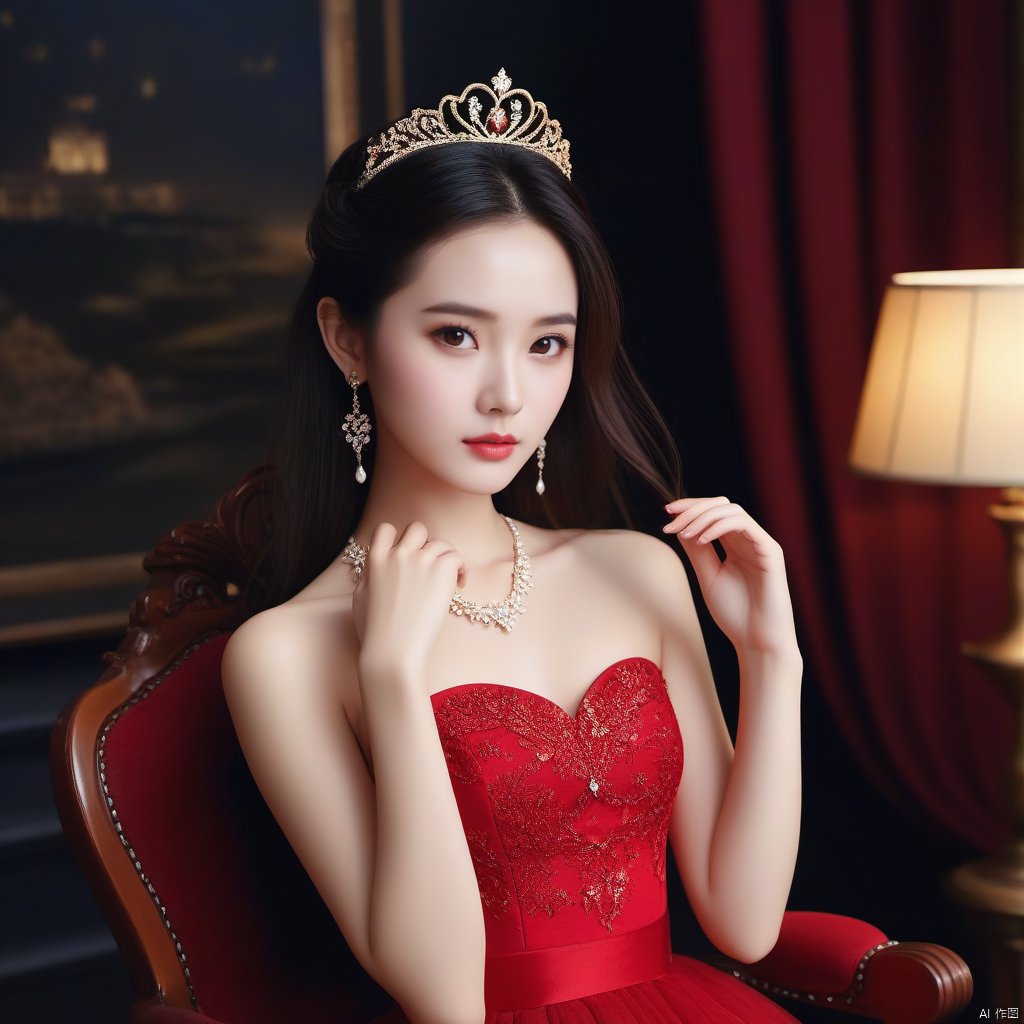 风格;masterpiece,bestquality,8k,4k,Filmtexture,
人物;1girl,solo,blackhair,long_hair,brown_eyes,lips,collarbone,bareshoulders,
服饰;dress, jewelry,earrings,red dress, strapless,tiara, strapless dress, weddingdress,
动作;the girl's hand makes the gesture of V. 
场景; dusky,indoors, chair,Black background,hand, 