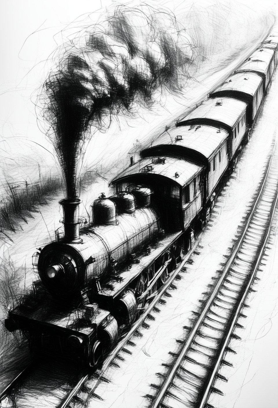 Overhead shot. mdsktch sketch of a steam train on a railroad