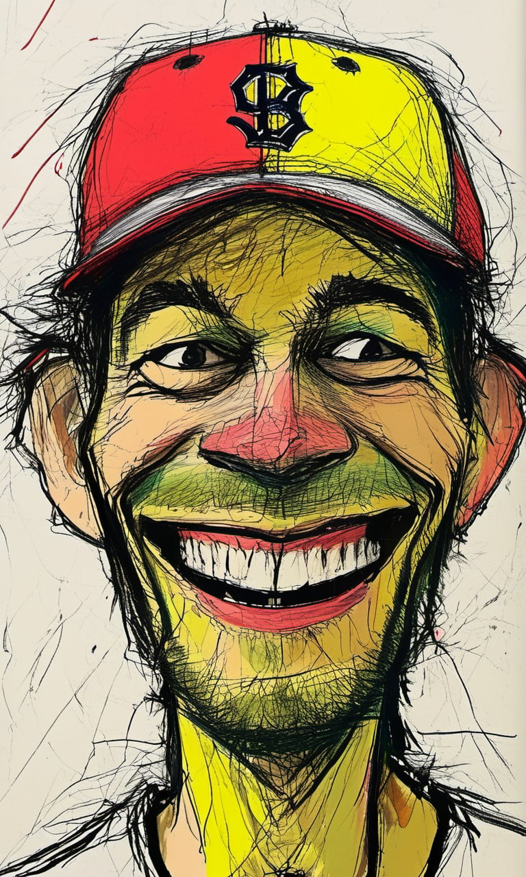 color mdsktch of a man wearing a baseball cap grinning 