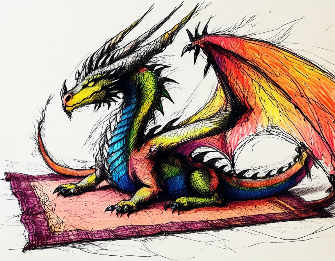 color mdsktch sketch of a dragon asleep on a rug