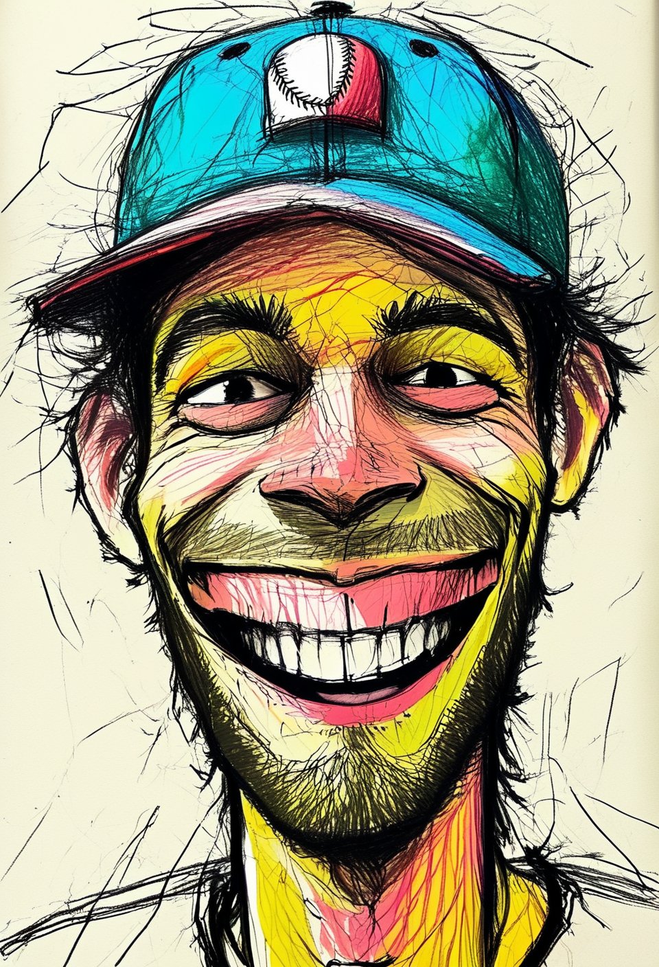 color mdsktch of a man wearing a baseball cap grinning 