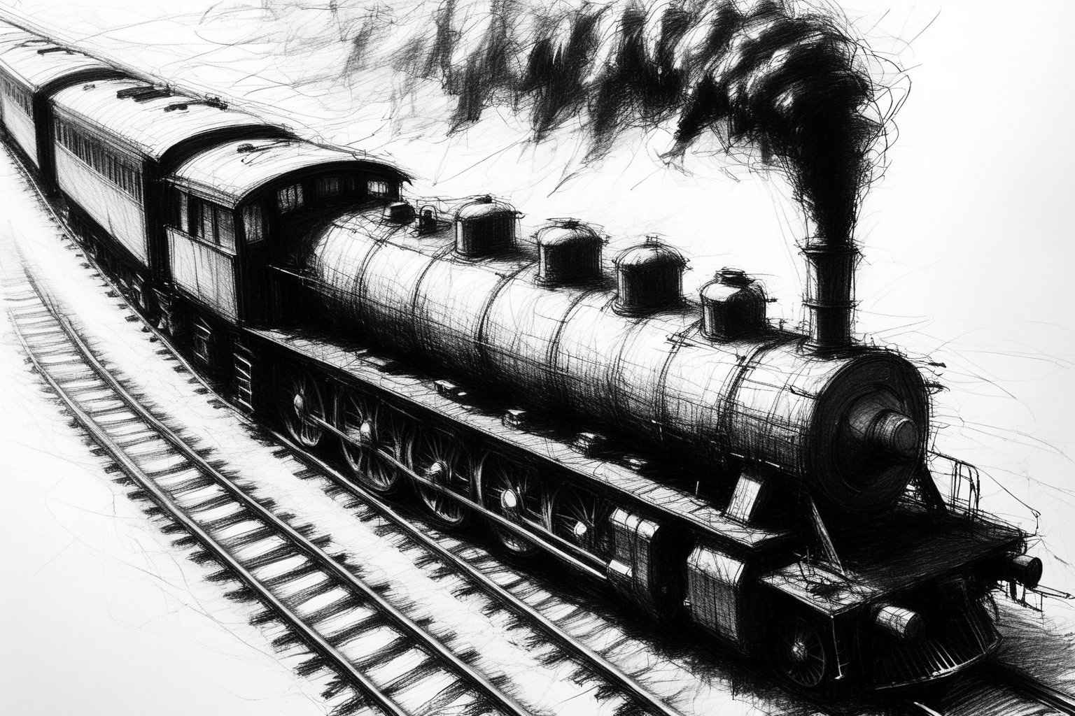 Overhead shot. mdsktch sketch of a steam train on a railroad