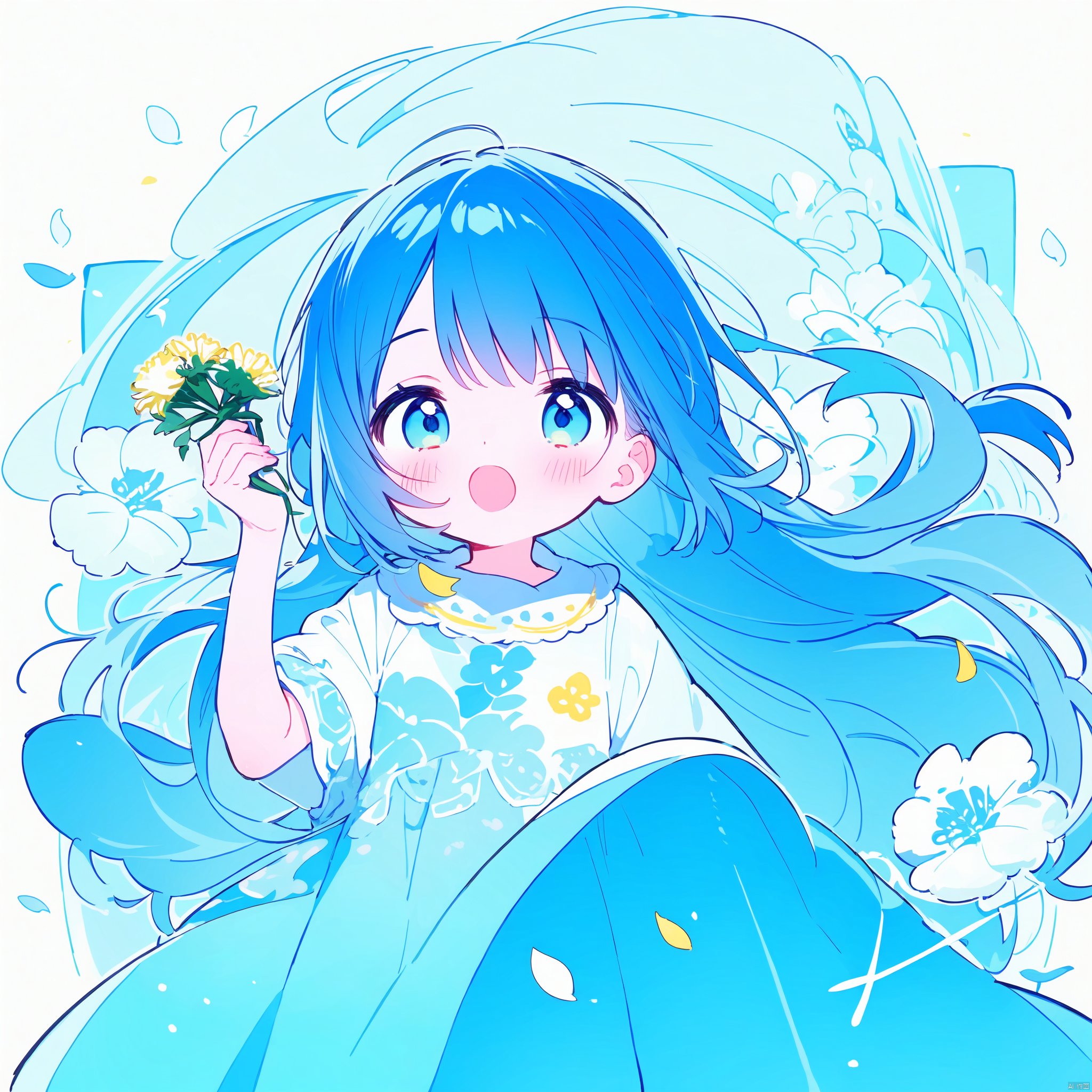  ((artist:nano))blue theme,Tie dyeing,A girl holding a dandelion flower, wearing a blue dress with white dots and yellow flowers on it, blowing away small petals in the style of light skyblue and pale aquamarine illustrations, a simple line drawing reminiscent of children's book illustrations and storybook art, with colorful cartooning and playful character design