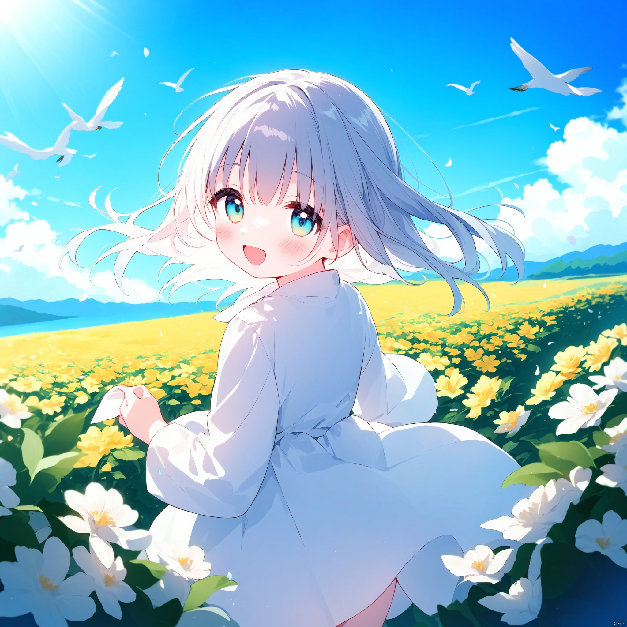 artist:nano,fisheye,((from above,from behind)),(very wide shot),summer,(lens flare), flower field, cinematic lighting,ray tracing,depth of field,(blurry foreground),(chiaroscuro),cowboy shot,horizon,
1girl,white dress,white hair floating in the wind,(looking back), :d,blue eyes,happy,(blue sky, cloudy sky),
petals,bird,feather