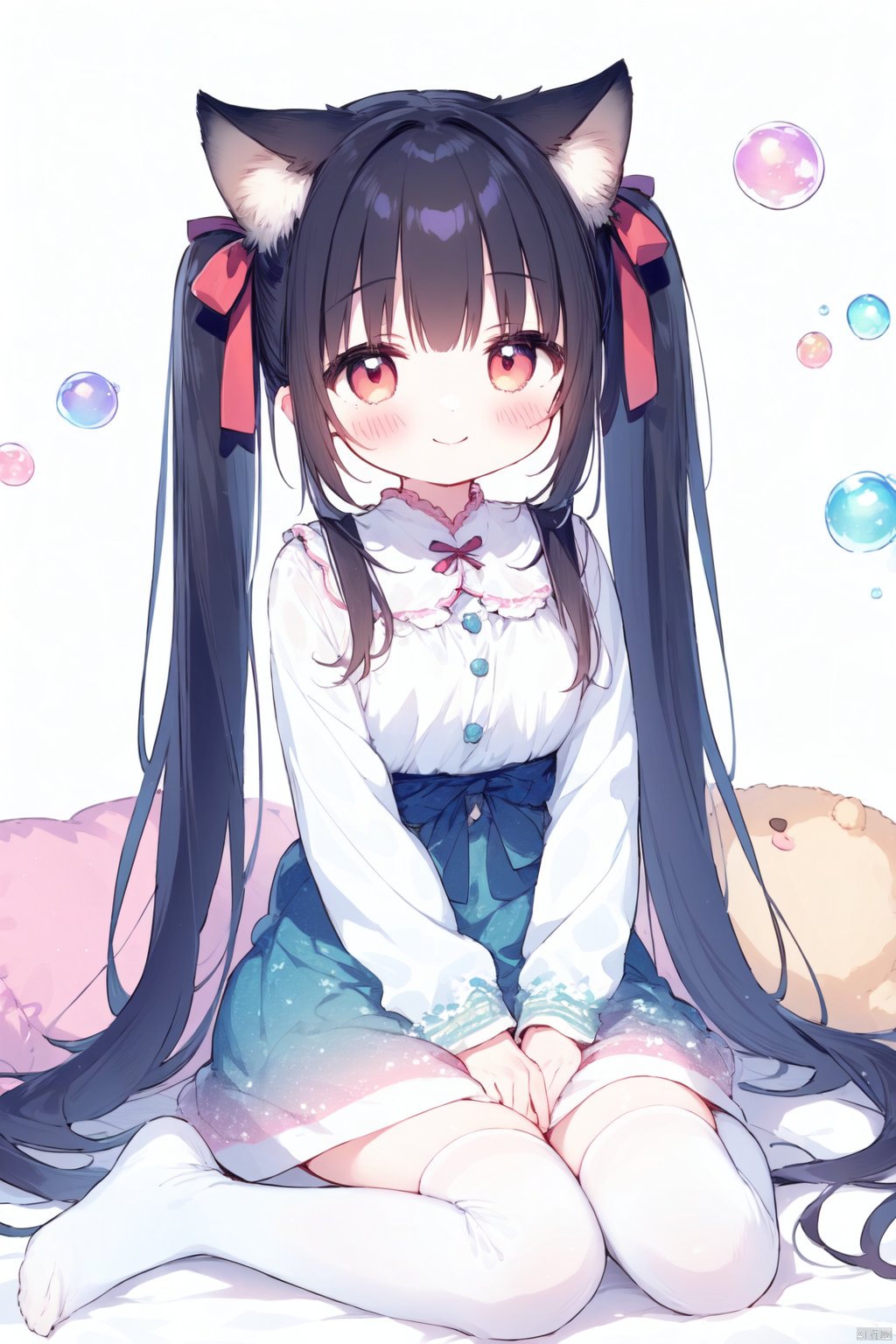 artist:nano,1girl,very long hair, hair ribbon, x hair ornament, straight hair, long sleeves, sleeves past wrists, white thighhighs, pillow, breasts, cat ears, hair ribbon, bow, stuffed animal, no shoes, print, flower, layered dress, gradient hair, twintails, white background, depth of field, shame, blush, smile, looking at viewer,, masterpiece, best quality, onnk, colorful, bubble, tsukiyo