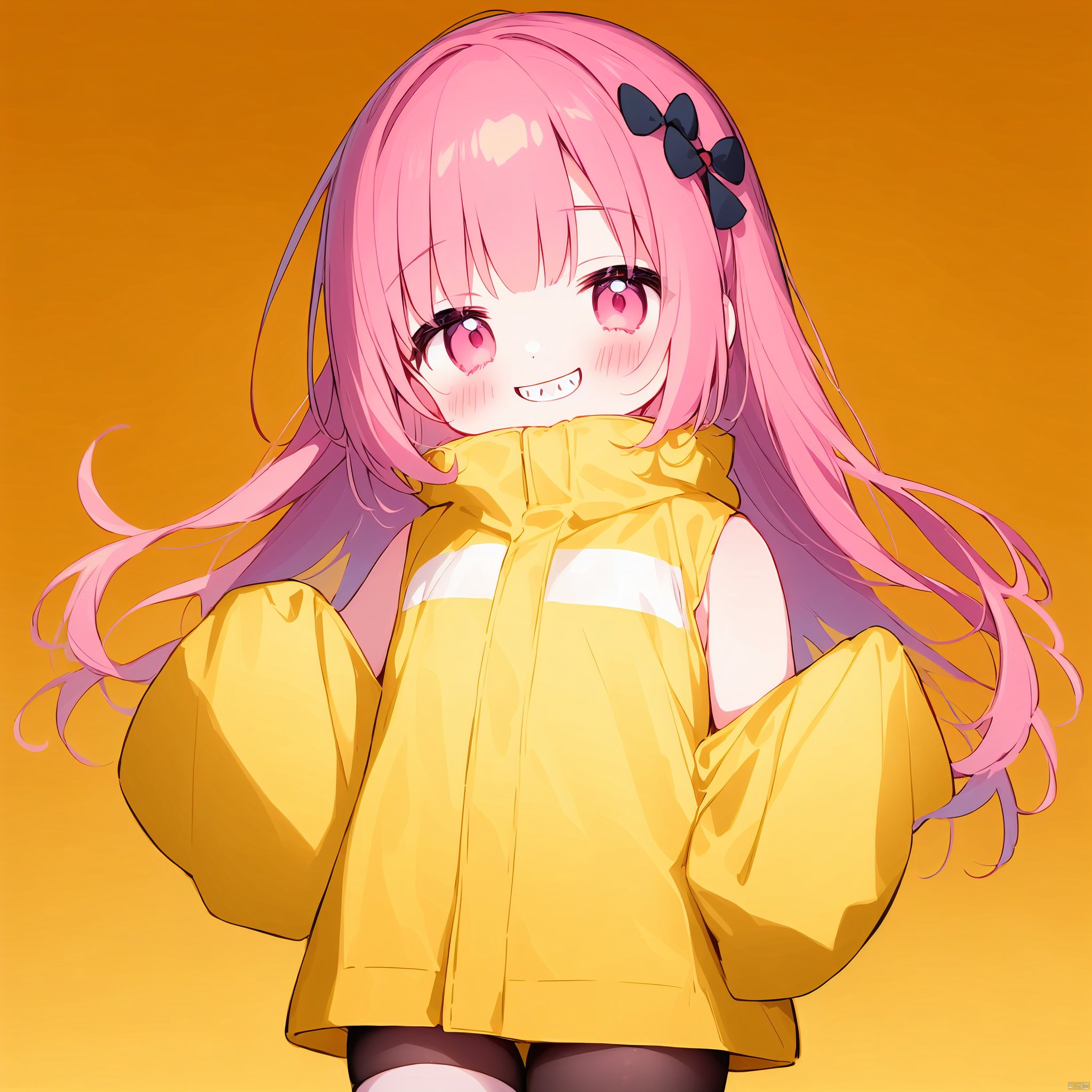  ((artist:nano)),1girl, iono \(pokemon\), solo, best quality, vivid color, yellow background, grin, sharp teeth, pink eyes, character hair ornament, pink hair, long hair, bow-shaped hair, two-tone hair, single leg pantyhose, thigh strap, yellow jacket, oversized clothes, grey pantyhose, sleeveless shirt, sleeves past fingers, very long sleeves