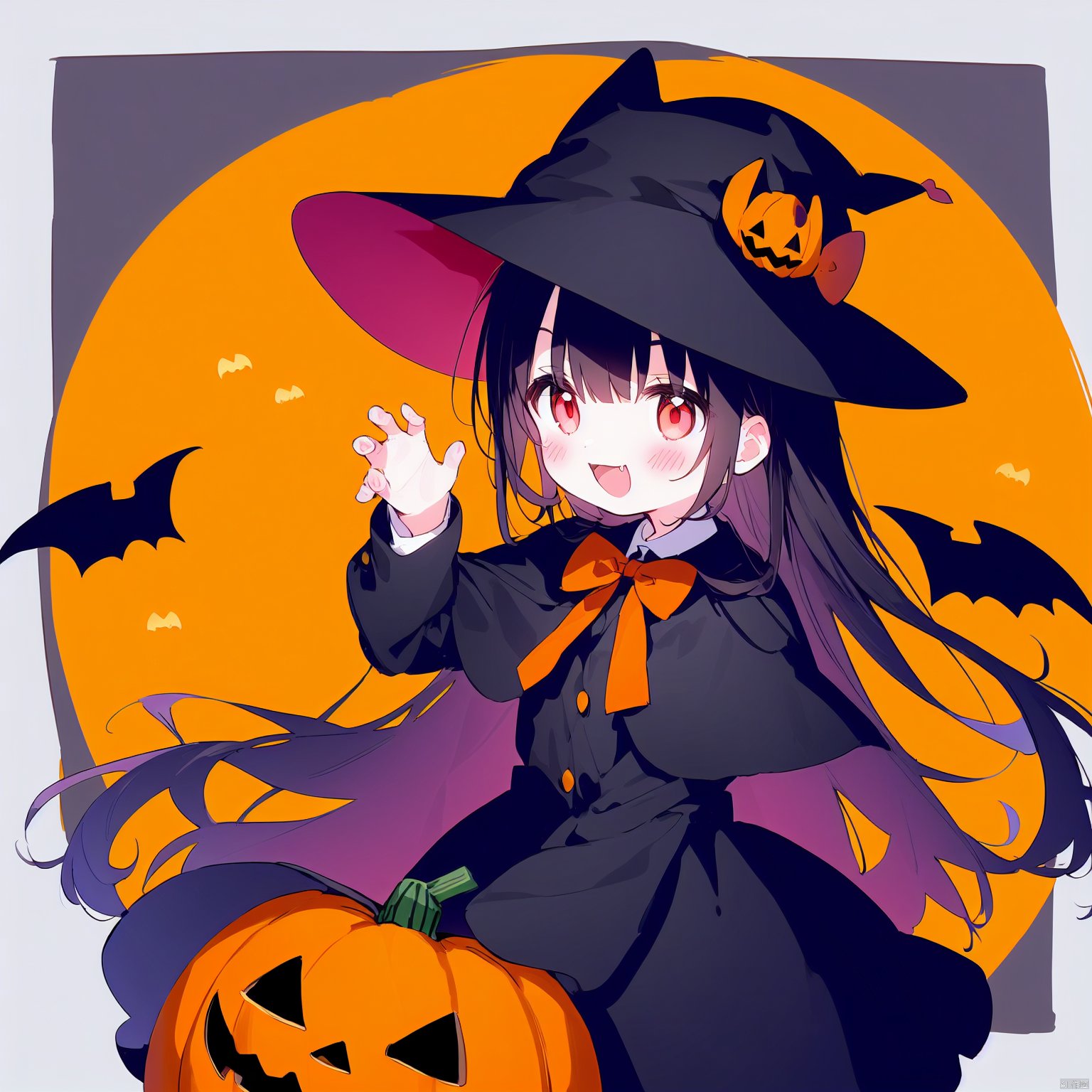 ((artist:nano))loli,jack-o'-lantern, witch hat, halloween, pumpkin, hat, ghost, halloween bucket, rating:safe, bat, 1girl, halloween costume, pumpkin hat, bow, long hair, open mouth, pumpkin hair ornament, cat, ghost costume, happy halloween, cape, animal, blush, manjuu (azur lane), candy, claw pose, skirt, black headwear, shirt, hair between eyes, eyebrows visible through hair, bangs, basket, black capelet, orange ribbon, :d, tombstone, hat bow, bunny, fang, black cape, candy wrapper, red eyes, bat wings, mimikyu, solo, medjed (fate), black cat, food, very long hair, smile, red bow, witch