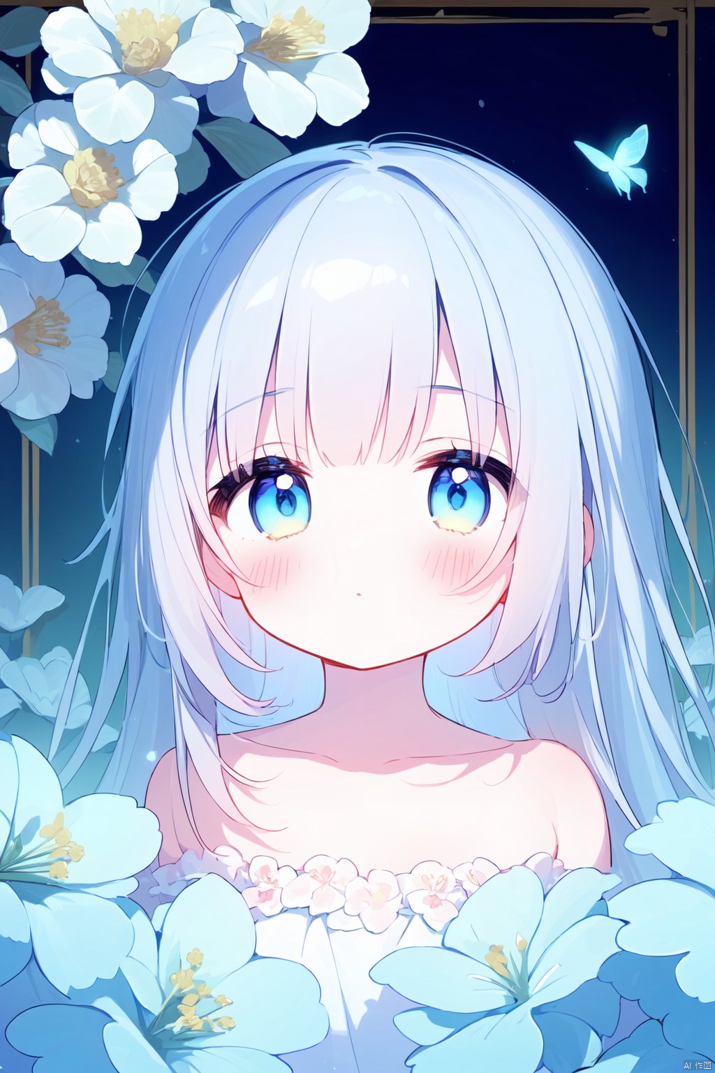  ((artist:nano)),(masterpiece),(best quality),loli, night,glowing eyes,gothic,long dress, 1 girl, solo, long white hair, blue eyes, detailed eyes, blink and youll miss it detail,butterfly, flower garden, high quality, floral background, very detailed,off shoulder