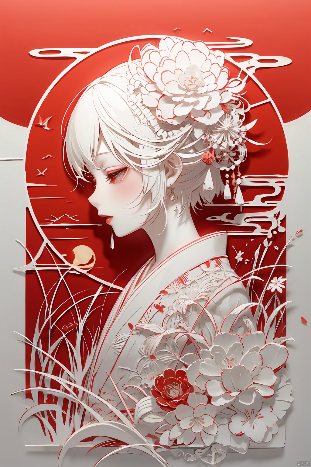 1girl, solo, short hair, bangs, hair ornament, red eyes, jewelry, closed eyes, upper body, flower, white hair, earrings, japanese clothes, hair flower, kimono, eyelashes, profile, makeup, bird, moon, white flower, spot color, red lips, red theme,fdjz