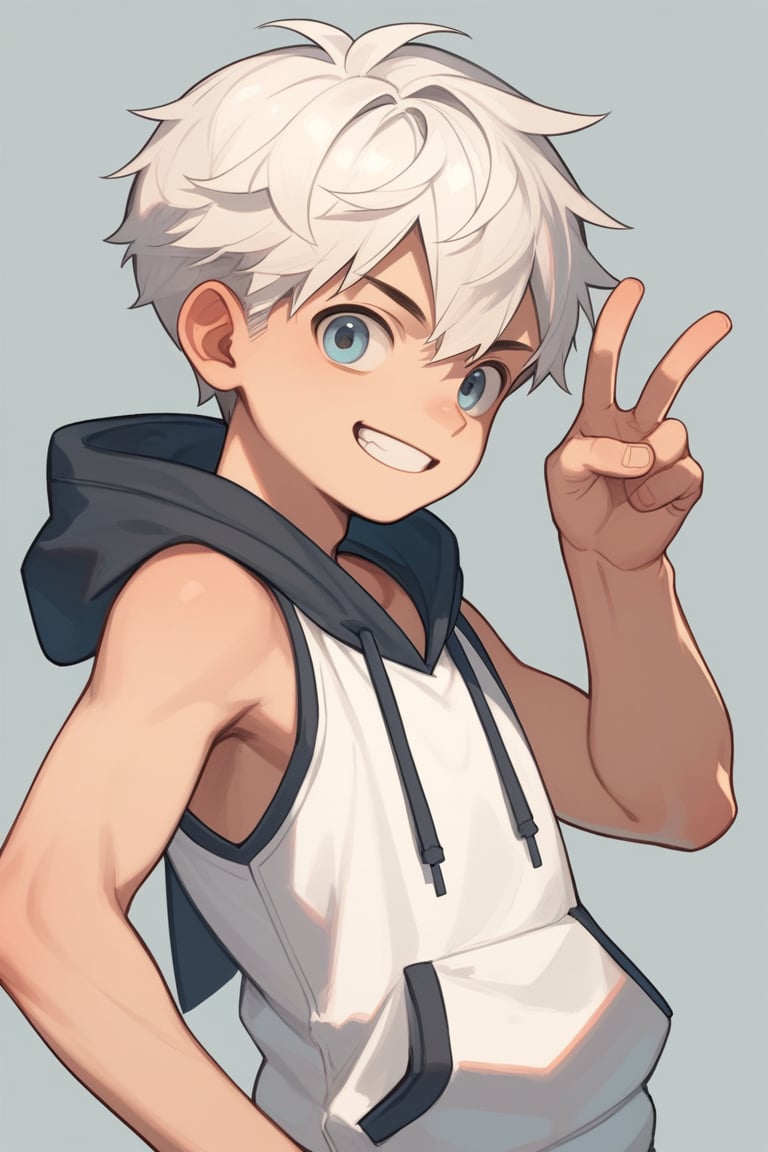 score_9,score_8_up,score_7_up,score_6_up,score_5_up,simple background,BREAK
solo,boy\( shota, white hair \),clothes\(sleeveless_hoodie\),
v, smile,br-style