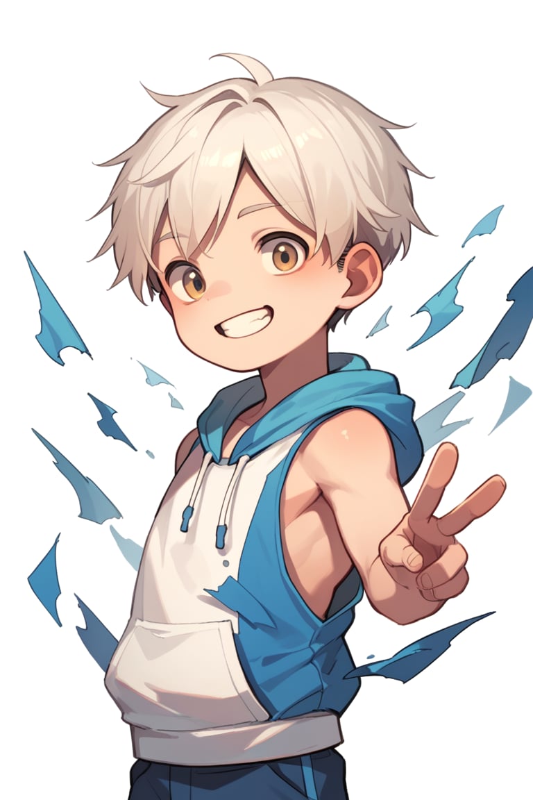 score_9,score_8_up,score_7_up,score_6_up,score_5_up,simple background,beater-style,BREAK
solo,boy\( shota, white lop_ears \),clothes\(back sleeveless_hoodie\),
v, smile,exploding clothes,br-style