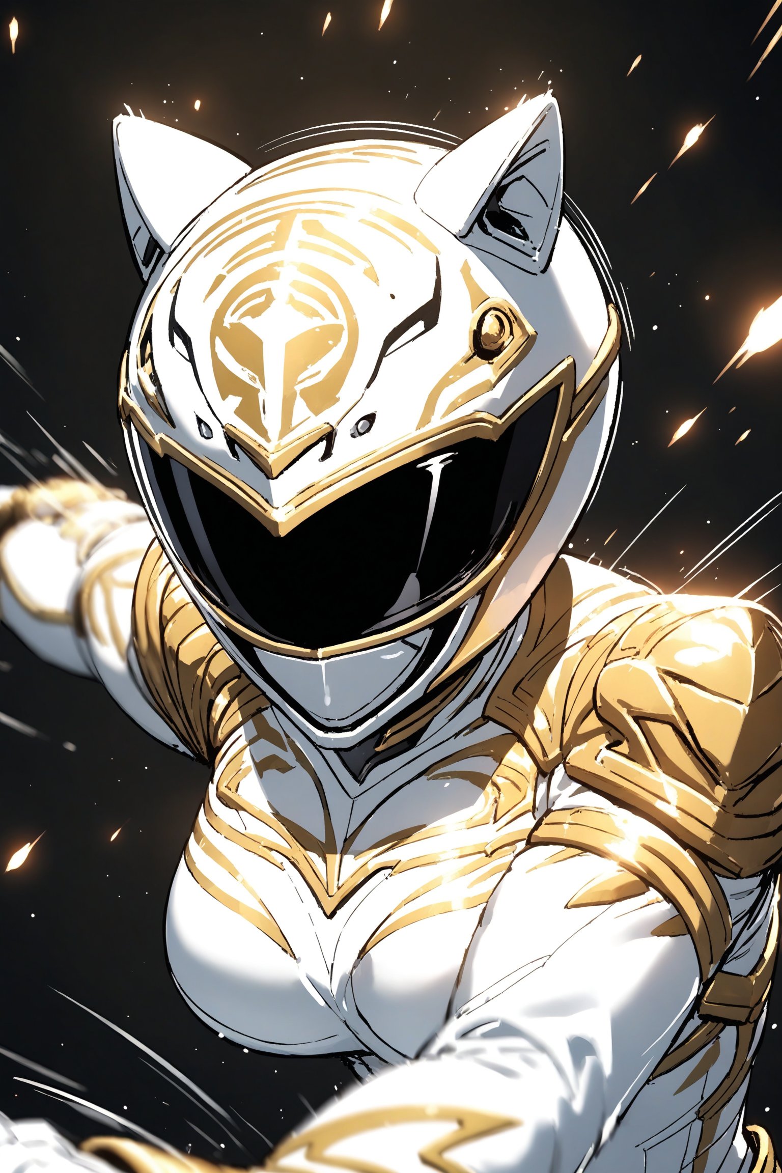 white ranger, helmet, bodysuit, (fighting stance:1.3), (close up, high Tension, motion lines:1.2), black background, spark, light Particles