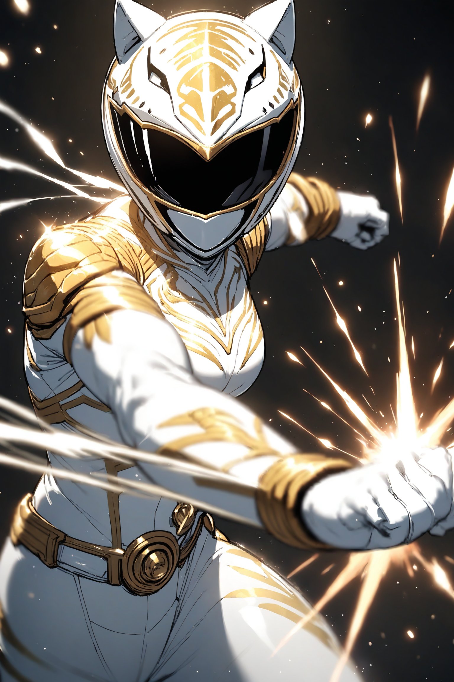 white ranger, helmet, bodysuit, (fighting stance:1.3), (close up, high Tension:1.2), black background, spark, light Particles