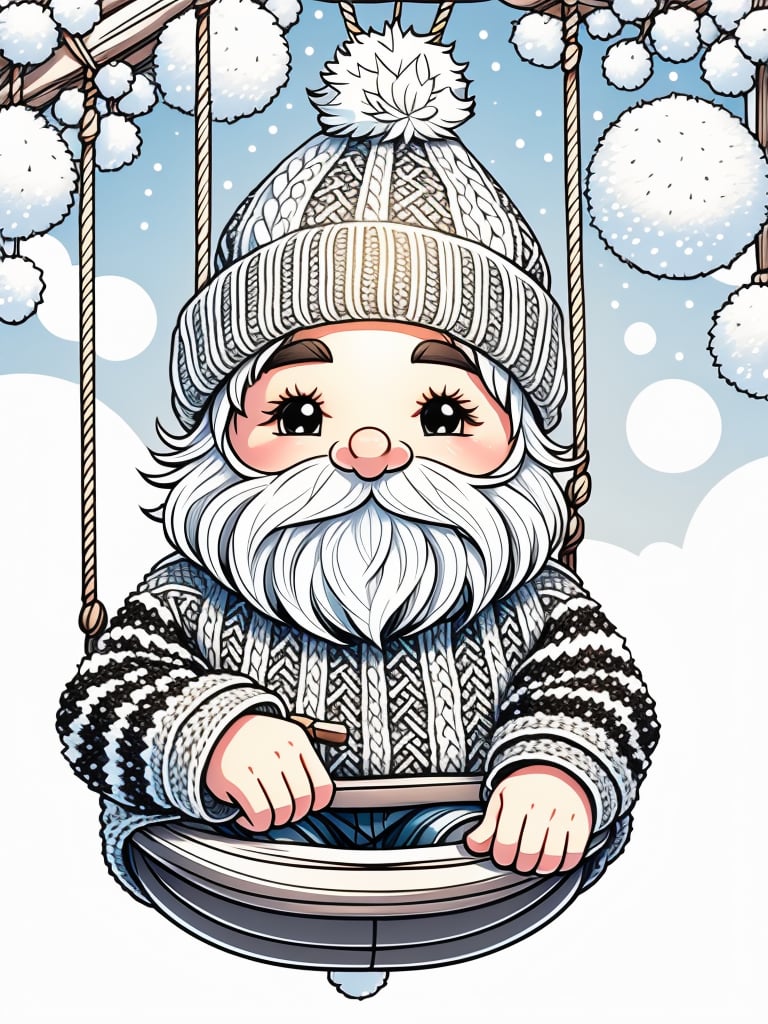 Illustration white and black draw. 1 Enchanted gnome. round nose. Skinny body. Wearing sweater, jeans and tennis. Wearing with pointed cap that folds. The hat has a pompom on the tip. The hat is knitted and covers all his eyes. All their clothes are woven. He is Sitting on a swing Minimalistic patterns.,
White and black draw.,Coloring Page