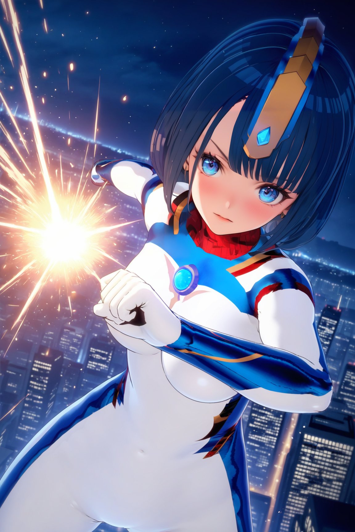 velzandy, white bodysuit, close up, high tension, fighting stance, city scape, night, spark, light Particles, ,Velzandy,bodysuit