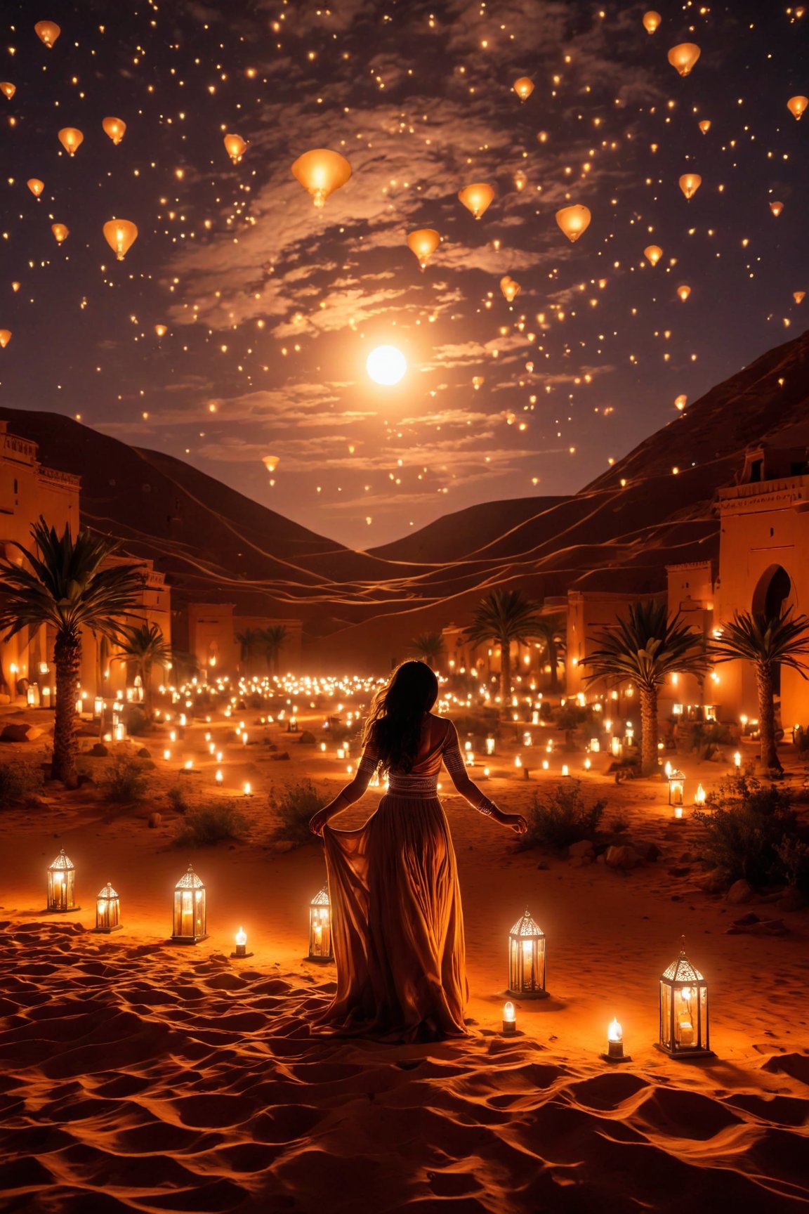 Dancing under the enchanting glow of the Sahara desert night. 🌌✨ A mesmerizing display of grace and mystique in the midst of a radiant garden. 🌙✨ #MagicInTheDesert 🌟✨