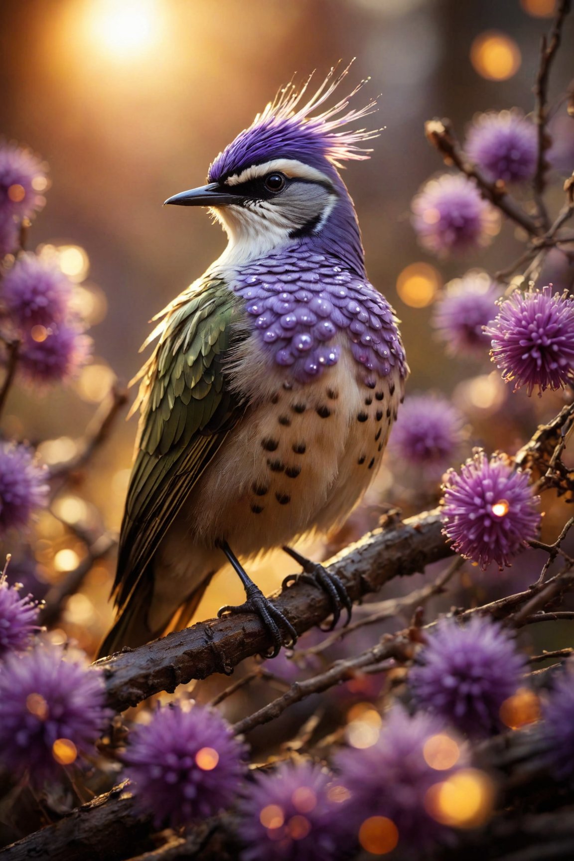 A breathtaking masterpiece showcasing a gorgeous little Violet-crowned nymph bathed in soft, golden morning light, surrounded by vibrant bokeh balls that frame its delicate form. The image will be rendered in sharp detail, capturing every feather and intricate feature of the bird with stunning clarity. The soft, diffused lighting will enhance the warmth and radiance of its plumage, while high-quality bokeh adds a magical touch to the scene. Multiple image exposures will be expertly combined to emphasize the bird's vibrant colors and captivating gaze, resulting in a lifelike portrayal of tranquil beauty