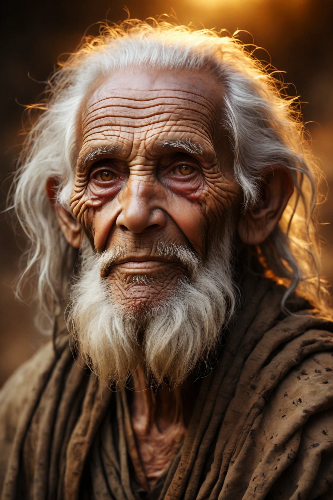 Create a portrait of a wise elder with weathered features, illuminated by soft, golden light, exuding a sense of dignity and wisdom that speaks volumes without a word